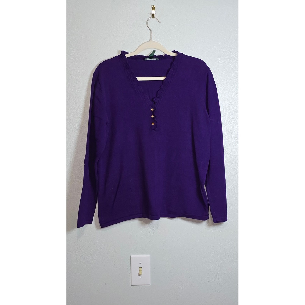 Lauren Ralph Lauren Purple Ruffle V-Neck Henley Sweater 2X Cotton Knit Top - Picture 3 of 8